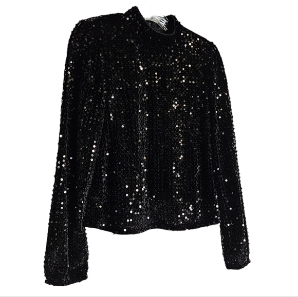 Sanctuary All Nighter black long sleeve sequin top, mock turtleneck, back zipper - Picture 3 of 11